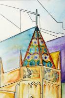 Kun Sarolta (1990-): Mátyás templom. Akvarell-tus, papír, jelzett, 38×55 cm