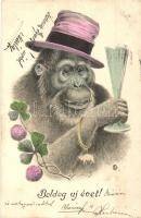 'Boldog új évet!' / Humorous New Year greeting card with monkey, pig, clover (EB)