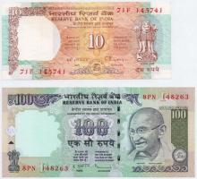 India 1992. 10R + 2010. 100R T:III,II India 1992. 10 Rupees + 2010. 100 Rupees C:F,XF