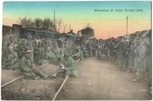 Homonna, Humenné; Az orosz invázió után, vasútállomás, Walter Mór kiadása / After the Russian invasion, railway station, soldiers (EK)