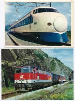 6 db MODERN megíratlan vonat motívumos képeslap: vasútállomások, MÁV lepsényi gazdasági vasút, lilla...