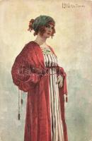 'Parisienne (Costume)' / Russian art postcard, lady in red, T.S.N. R.M. No. 15. s: Solomko (kopott sarkak / worn corners)