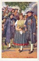 7 db RÉGI főleg magyar folklór motívumlap, bútorok, szobabelsők, népviseletek, 1 cseh (Egerländer) k...