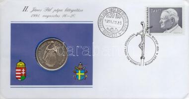 1991. 100Ft Cu-Ni II. János Pál pápa látogatása Magyarországon érmés borítékban, első napi bélyegzéssel, tájékoztatóval, eredeti műbőr tokban T:BU