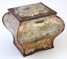 Festett, díszes bádogdoboz, benne órákkal, ékszerekkel
