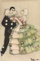 Italian art postcard, Clown with lady, Ballerini & Fratini165. s: Sofia Chiostri (Fofi) (cut)