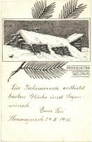 1916 Gesegnetes Neujahr! / Kézzel rajzolt újévi üdvözlőlap orosz hadifogoly táborból, Krasnoyarsk-ból / WWI K.u.K. hand-drawn New Year greeting card from Russian prison camp of Krasnoyarsk s: Kodubinsky Ferenc (szakadás / tear)