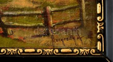 Neogrády jelzéssel: Ház a folyónál. Olaj, falemez, antik keretben, 13×18 cm