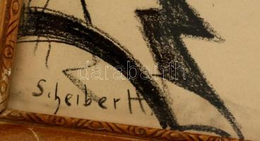 Scheiber jelzéssel: Kompozició. Szén, papír, üvegezett keretben, 42×23 cm