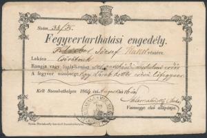 1864 Fegyvertartási engedély csörötneki lakos, uradalmi erdős részére 72kr illetékbélyeggel / 1862 Gun licence for village officer