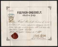 1868 Fegyverengedély (fegyvertartási) Hidegkúton kiállítva kézzel írva, 1Fl illetékbélyeggel / 1868 Gun licence 30x25 cm