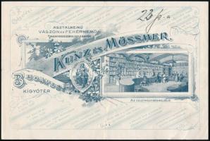1898 Budapest, Kígyó tér (Ferenciek tere), Kunz és Mössmer Asztalnemű, vászon- és fehérnemű üzlete a Szép juhásznéhoz; Díszes fejléces számla 8 kr okmánybélyeggel