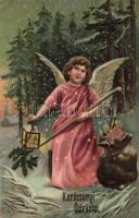 Karácsony üdvözlet, angyal ajándékokkal / Christmas greeting card, Emb. litho (EK)