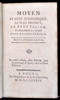 [Jean Zacharie Paradis de Raymondis (1746-1800]: Moyen le plus économique, le plus prompt, le plus facile, d'Ameliorer la terre d'une maniere durable. Bourg[-en-Bresse], 1789,  L[ouis].H[yacinthe]. Goyffon, 4+VIII+215+4 p. Korabeli aranyozott egészbőr kötés, kissé viseltes gerinccel, a védőlapon bejegyzéssel, a címlapon szárazpecséttel, de egyébként jó állapotban, francia nyelven./ Contemporary leather-binding, with a slightly damaged spine, with writings on the shield page, with dry seal on the front page, but the other things are okay, in french language.