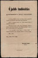 1849 július 3. Újabb tudósítás győzelmünkről a Szőnyi Sanczoknál.. Kossuth Lajos kormányzó által jegyzett hirdetmény, melyben a túlerő felett aratott szőnyi győzelemről számol be. Kelt: Kecskemét. Ritka! 28x42 cm