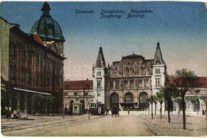Temesvár, Timisoara; Józsefvárosi pályaudvar, vasútállomás, villamos, K. J. Bp. / railway station, tram (kopott sarkak / worn corners)