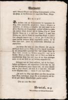 1849. május 4. A Budát ostromló, majd később sikerrel bevevő Görgei Artúr német nyelvű felhívása a várat védő Hentzinek, melyben megadásra szólítja fel. Mellette Hentzi válasz hirdetménye, melyben elutasítja a megadást és kijelenti, hogy utolsó véréig harcolni fog. Hentzi végül a csatában életét vesztette. / 1849. Proclamation of Arthur Görgei, leader of the attacking Hungarian troops of Buda and the reply of the defender of the Castle Hentzi. In German. 57x44 cm