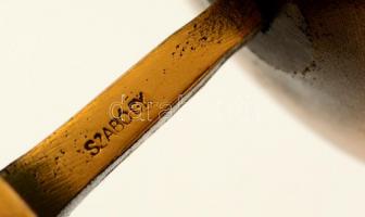 Szabó Gyula (?-): Három ágú gyertyatartó, bronz, jelzett, kopás nyomokkal, m:18 cm, h:23 cm / Copper...