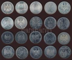 NSZK 1970-80-as évek 5DM (20x) emlékpénz, benne 7db Ag T:1,2