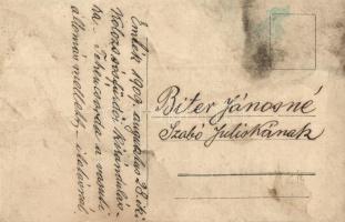 1909 Kolozsvár, Cluj; kirándulók csoportképe egy tehéncsordával a vasútállomás mellett / hikers with...