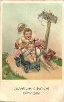 Szívélyes üdvözlet névnapjára / Nameday greeting card, children playing, cart, dog (EK)