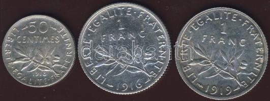 Franciaország 1916-19. 1Fr Ag 2klf db T:2,2/3+ + 1918. 50c Ag T:2/3+