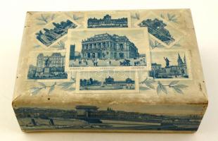 cca 1910 Gerbeaud fa doboz, oldalán Budapest panoráma (Lánchíd pesti hídfőjéről a régi Tabánnal) fedelén főbb nevezetességeivel a városnak, litográfia, apró hibákkal, 20×13 cm /  cca 1910 Gerbeaud wooden box decorated with lithographed Budapest cityscapes, with small damages, 20×13 cm