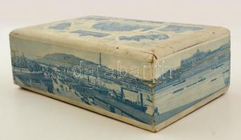 cca 1910 Gerbeaud fa doboz, oldalán Budapest panoráma (Lánchíd pesti hídfőjéről a régi Tabánnal) fed...