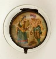 Régi üveg tégely litográf képpel, fém szerelékkel, d:4 cm