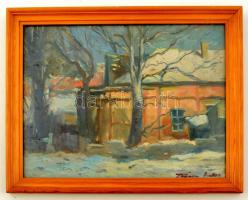 Kássa Gábor (1893-1961): Téli ház. Olaj, papír-karton, jelzett, üvegezett keretben, 29×37 cm