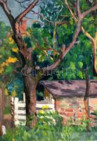 Vörös Géza (1897-1957): Szentendrei udvar 1942. Olaj, vászon, jelzett, üvegezett keretben, 60×100 cm