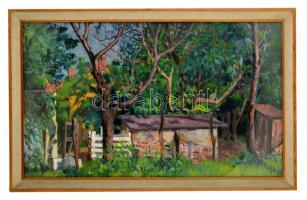 Vörös Géza (1897-1957): Szentendrei udvar 1942. Olaj, vászon, jelzett, üvegezett keretben, 60×100 cm