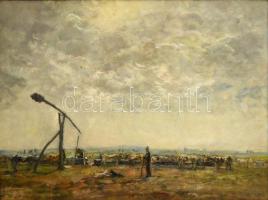 1949 Herman Lipót (1884-1972): Hortobágyi vihar felhők. Olaj, vászon, jelzett, sérült fa keretben, 47×65 cm