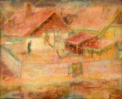Meggyes László (1928-2003): Öreg ház udvara. Olajpasztell, karton, jelzett, keretben, 40×50 cm