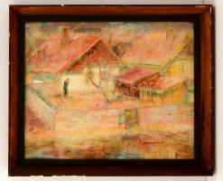 Meggyes László (1928-2003): Öreg ház udvara. Olajpasztell, karton, jelzett, keretben, 40×50 cm