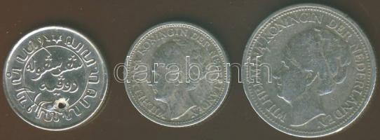 Curacao 1944. 1/10G Ag T:3 + 1947. 1/4G Ag T:3 + Holland Kelet-India 1942. 1/10G T:1 átfúrva