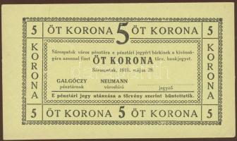 Sárospatak 1919. 5K hátlapi bélyegzővel T:I