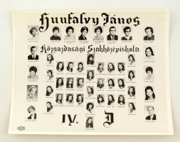 cca 1980 Budapest, Hunfalvy János közgazdasági Szakközépiskola tanári kara és végzős növendékei, kistabló 47 nevesített portréval, 24x30 cm