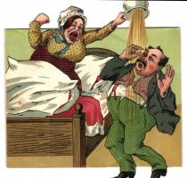 Kinyitható humoros mechanikus litho képeslap házaspárról. Bienenstock Lipót 389. sz. melléklete / Hu...