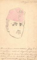 1915 Első világháborús kézzel rajzolt katonai tábori lap Nagysárosról küldve / WWI military hand-drawn art postcard s: Spolarich László