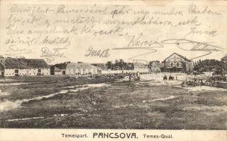 Pancsova, Pancevo; Temespart, Pancsovai Népbank Lisztraktára / Temes Quai / river quay, flour warehouse