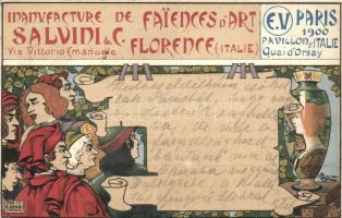 1900 Paris, Pavillon Italie, Quai dOrsay. Manufacture de Fainces dArt Salvini & C. Florence / Italian pavilion, exhibition, pottery advertisement card, A. Gambi litho, artist signed (EK)