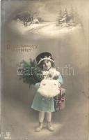 Boldog Karácsonyi Ünnepeket! / Christmas greeting card, girl with gifts, H. B. No. 6603/3