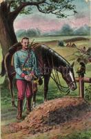 WWI K.u.K. soldier in mourning, military grave, death on the battlefield, horse, L. & P. 1791 (EK)