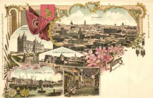 Tunis; Kattedrale in Karthago, Le Bardo, La Goulette, Bazar. Geographische Postkarte v. Wilhelm Knorr No. 170. floral litho