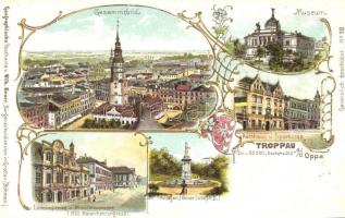 Opava, Troppau; Museum, Rathaus, Sparkasse, Minoritenconvent. Geographische Postkarte v. Wilhelm Knorr No. 10. Art Nouveau litho
