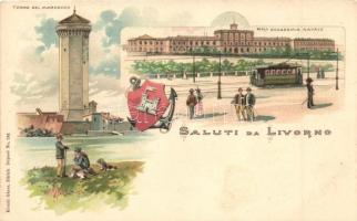 Livorno, Torre del Marzocco, Rgia Accademia Navale / tower, Maritime academy, tram, coat of arms. Künzli No. 786. litho