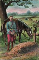 WWI K.u.K. soldier in mourning, military grave, death on the battlefield, horse, L. & P. 1791 (EK)