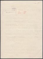 1943 Bp., A BSZKRT-nek címzett köszönőlevél a rokkantakkal szemben tanúsított kitüntetett figyelemért
