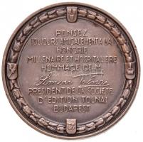 ~1896. "Gondoljanak mindig barátsággal a Milleniumi Magyarországra, tiszteletteljes üdvözlettel Tolnai Simon úrtól, a budapesti Tolnai Kiadó Vállalat elnökétől" francia nyelvű ezüstözött Br emlékérem, peremén "BRONZ" fémjellel "PENSEZ TOUJOURS AMICALMENT A LA HONGRIE MILLENAIRE ET HOSPITALIERE HOMMAGE DE M. SIMON TOLNAI PRESIDENT DE LA SOCIETE D'EDITION TOLNAI BUDAPEST" (17,41g/37mm) T:2 kis ph. / Hungary ~1896. "Think friendly about the Millenial Hungary, sincerley Simon Tolnai President of the Tolnai Publishing Company, Budapest" french language silver plated Br commemorative medallion (17,41g/37mm) C:XF small edge error